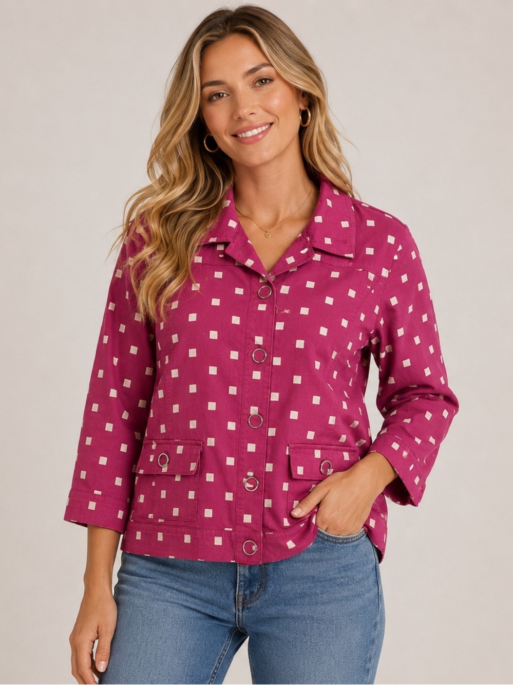Christopher & Banks Pink Polka Dot Jacket Womens Large Button Front 3/4 Sleeve
